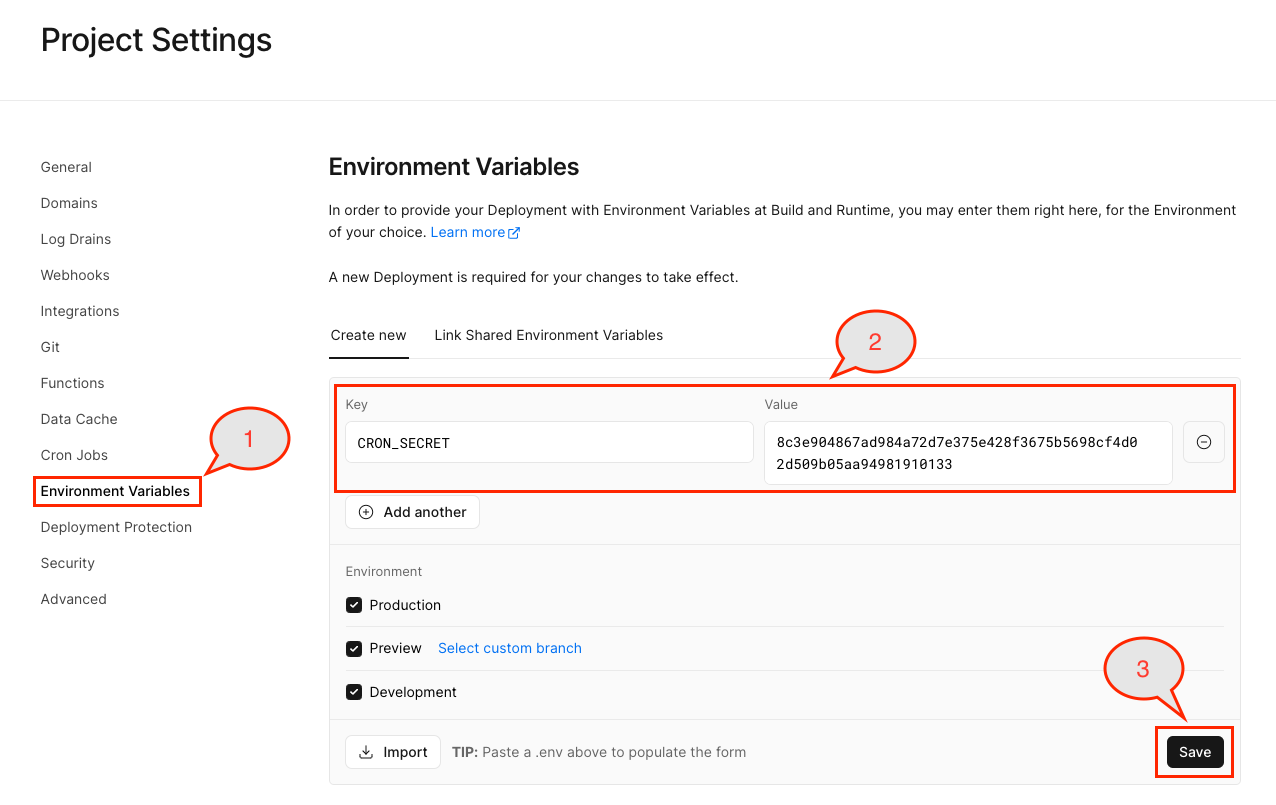 Screenshot of vercel project settings